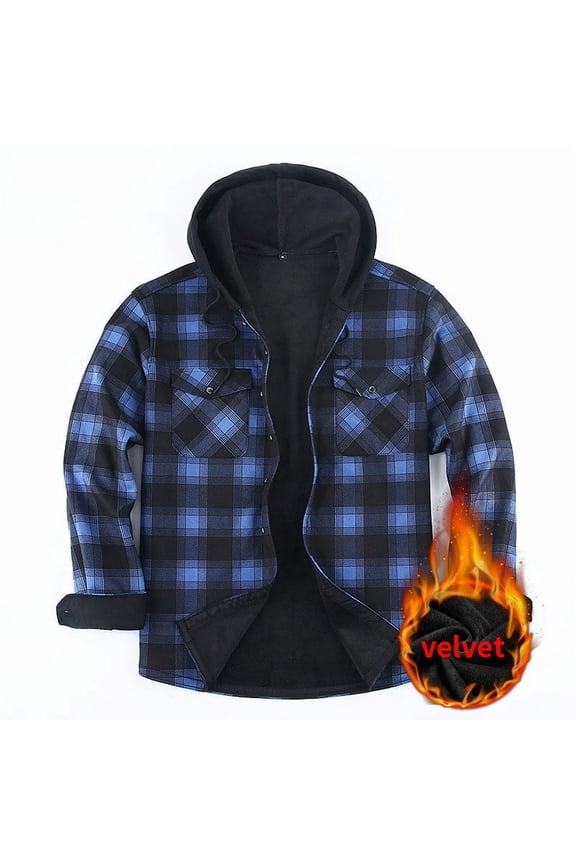 Flannel Hoodies for Men, Plaid Fleece Lined Button Down Long Sleeve Shirt Jackets, Lightweight Warm Casual Drawstring Hoodies with Pockets