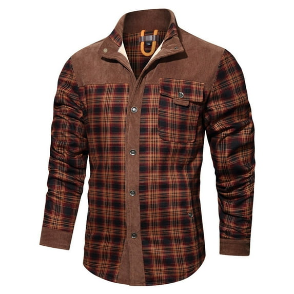 Xuniizn Flannel Plaid Shirt Jackets for Men, Fleece Lined Lapel Button Down Long Sleeve Regular Jackets, Stylish Outdoor Casual Shirt Jackets