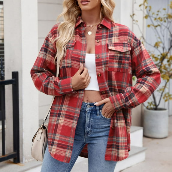 Flannel Shirt Women, Xuniizn Oversized Plaid Button Down Long Sleeve Collared Blouses Tops, Soft Comfortable Trendy Casual Jackets