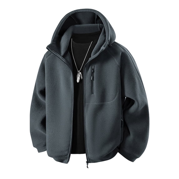Xuniizn Fleece Jacket Men, Zipper Pockets Windproof Elastic Drawstring Solid Color Full Zip Up Hiking Skating Climbing Hooded Jackets, Thick Thermal Soft Comfortable Loose Casual Winter Coat, M-4XL