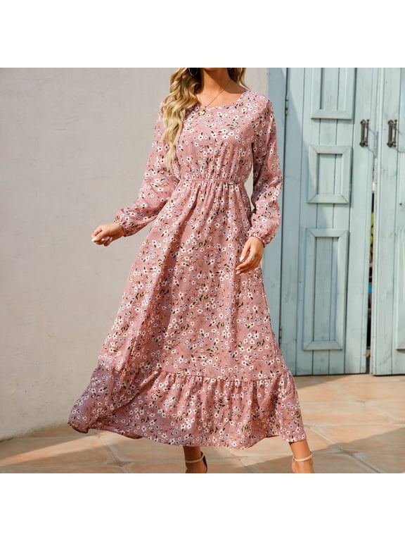 Floral Dress for Women, Long Sleeve Square Neck Fall Maxi Dress, Soft Thin Comfy Elegant Wedding Guest Dress