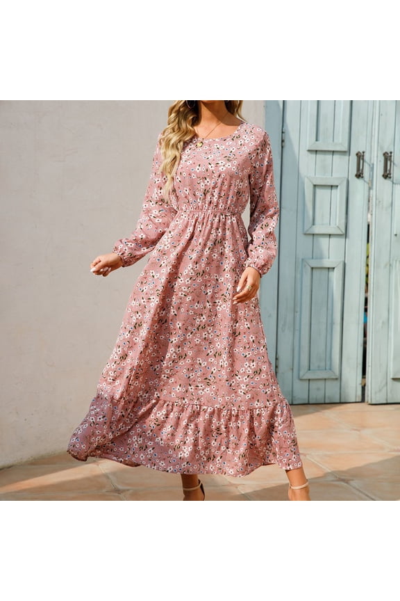 Floral Dress for Women, Long Sleeve Square Neck Fall Maxi Dress, Soft Thin Comfy Elegant Wedding Guest Dress