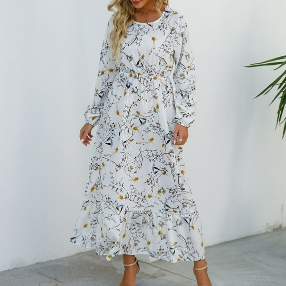 Xuniizn Floral Dress for Women, Long Sleeve Square Neck Fall Maxi Dress, Soft Thin Comfy Elegant Wedding Guest Dress