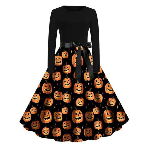 Xuniizn Gothic Dresses for Women, Plus Size Long Sleeve Crew Neck A Line Pleated Dress, Soft Comfortable High Waist Halloween Dress