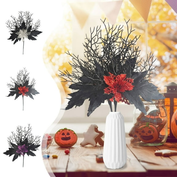 Xuniizn Halloween Flowers - 18" Artificial Pumpkin Flowers Stems Gothic Black Artificial Flowers for Halloween Indoor Tables Centerpiece Party Decor, Halloween Decorations