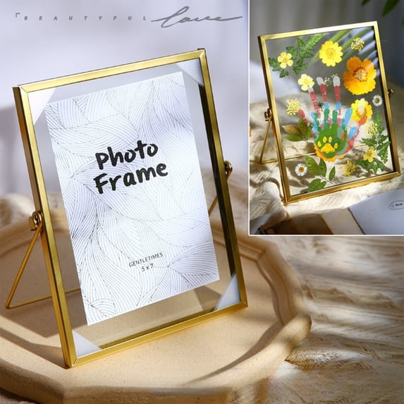 Xuniizn Handmade DIY Dried Flowers Specimen Metal Glass Photo Frame Embossed Parent Child Handprints Simples Picture Frame Ornaments