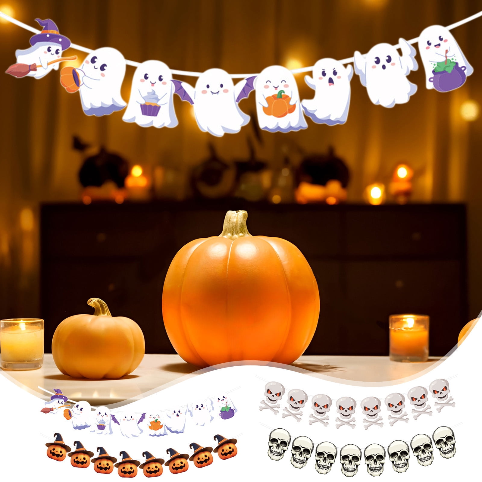 Vintage Halloween Banner Garland - Retro Pumpkin, Cat & Skeleton Bunting For Home & Party Decor