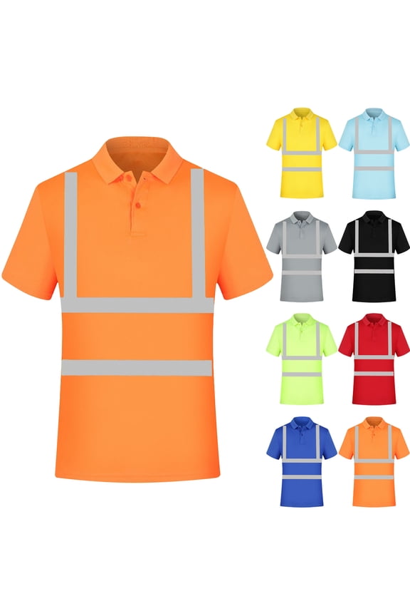High Visibility Shirts for Men Quick Dry Short Sleeves Round Neck Safety Shirts with Reflective Strips and Pockets Summer Construction Work Shirts