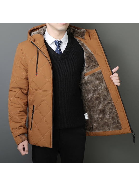 Jackets for Men, Big & Tall Fleece Lined Thick Thermal Zipper Pockets Quilted Hooded Jackets, Soft Cozy Winter Casual Coats, M-5XL