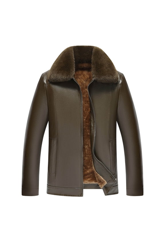 Leather Jacket Men, Fleece Lined Fuzzy Collar Full Zip Waterproof Winter Moto Racer Jackrts with Pockets, Thick Insulated Windproof Coats