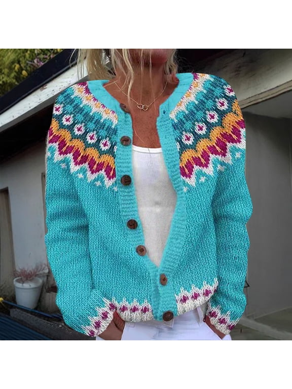 Lightweight Cardigans for Women, Boho Ethnic Open Front Button Down Patchwork Knitted Sweater Cardigans, Plus Size Soft Comfortable Fall Outdoor Vacation Tops