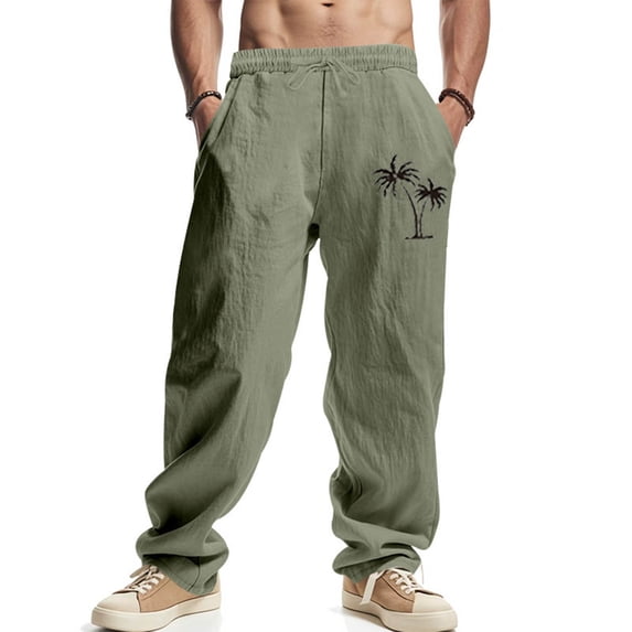 Xuniizn Linen Pants Men Drawstring Elastic Waist Casual Loose Beach Holiday Pants with Pockets Plus Size Breathable Hiking Pants, S-3XL