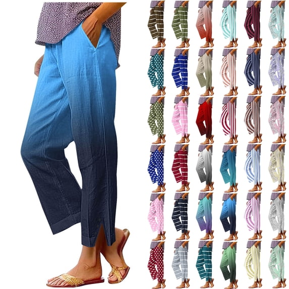 Xuniizn Linen Pants Women Graident Print Straight Leg Elastic Waist Summer Pants with Pockets Stylish Loose Fit Lounge Pants for Womens XL