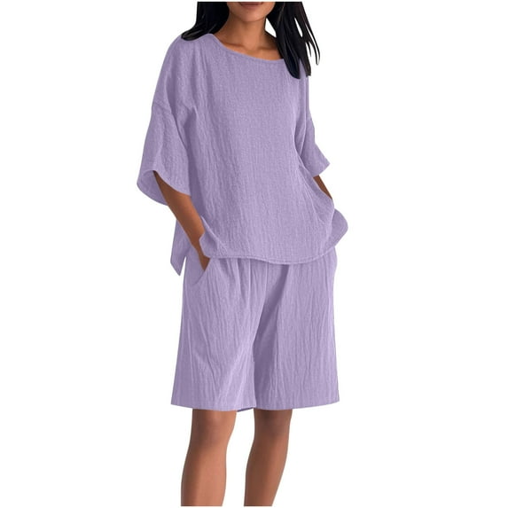 Xuniizn Linen Sets for Women 2 Piece Summer Casual Crewneck Short Sleeve Shirts with Pockets Elastic Waist Shorts Plus Size Soft Cozy Beach Holiday Suits, S-5XL