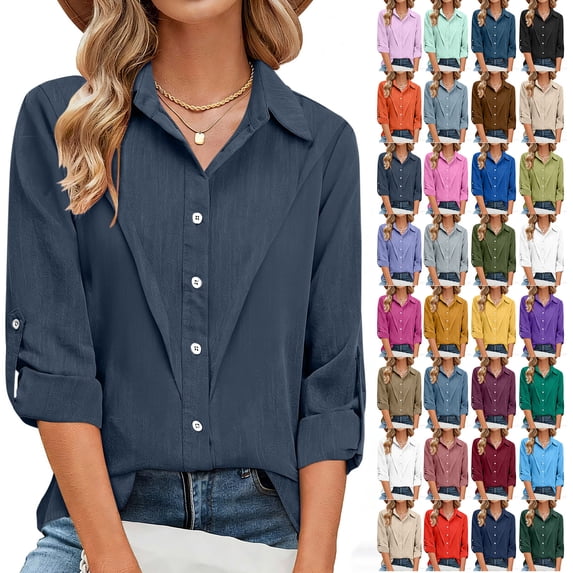 Xuniizn Linen Shirts for Women Button Down Solid Color Lapel Neck Summer Casual Long Sleeeve Shirts Soft Cozy Trendy Work Shirts 4XL