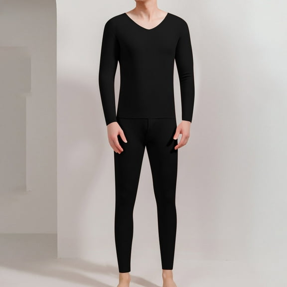 Xuniizn Long Johns for Men Thermal, Fleece Lined V Neck Breathable Long Sleeve Underwear Set, Plus Size Soft Cozy Warm Casual Pajamas, L-4XL