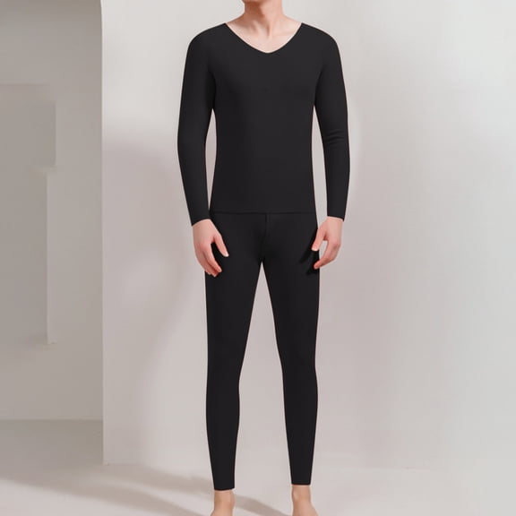 Xuniizn Long Johns for Men Thermal, Fleece Lined V Neck Breathable Long Sleeve Underwear Set, Plus Size Soft Cozy Warm Casual Pajamas, L-4XL