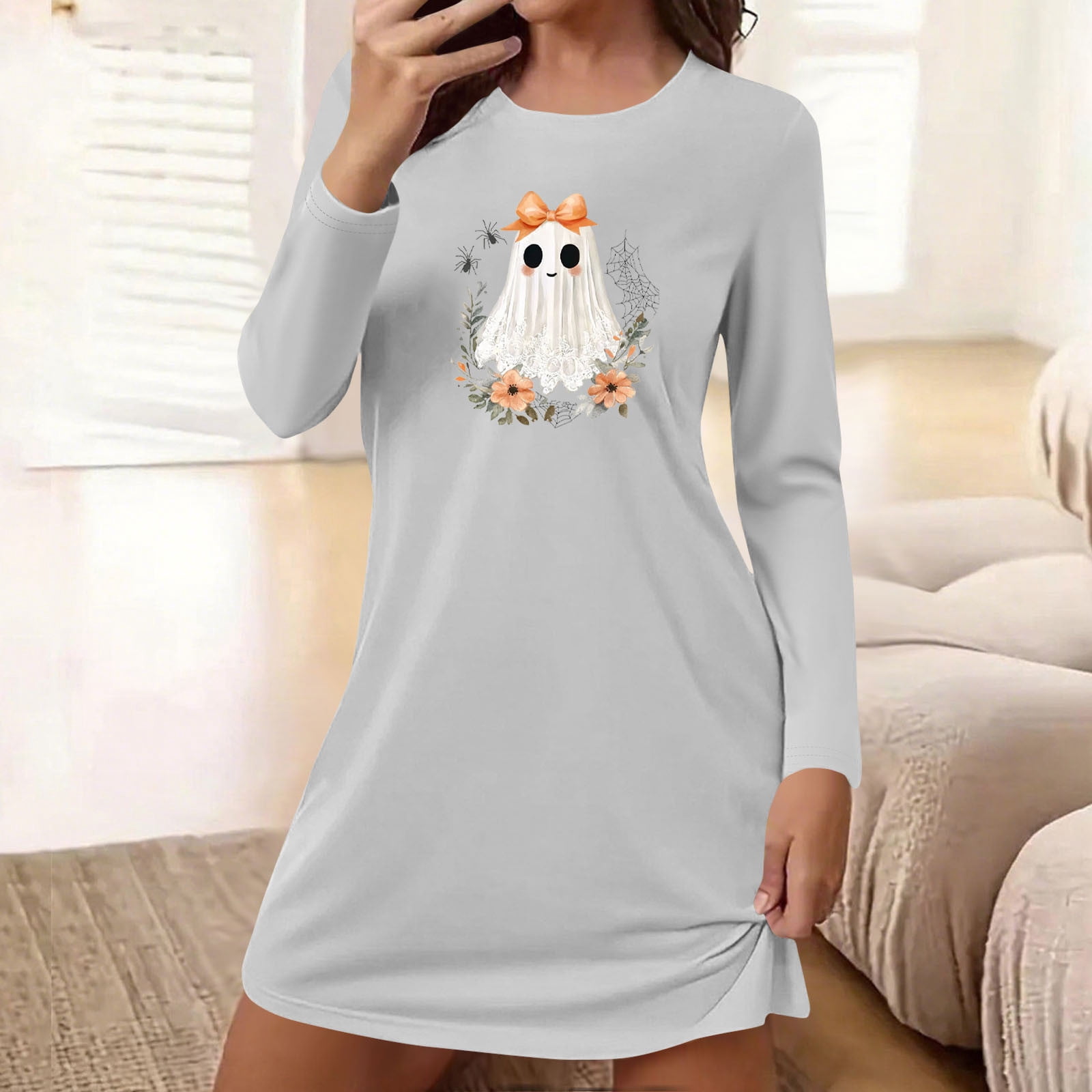 ghost long sleeve dress Xuniizn Long Sleeve Dress for Women, Crew Neck Ghost Print Knee Length  Halloween Dress, Soft Comfortable Casual Dress