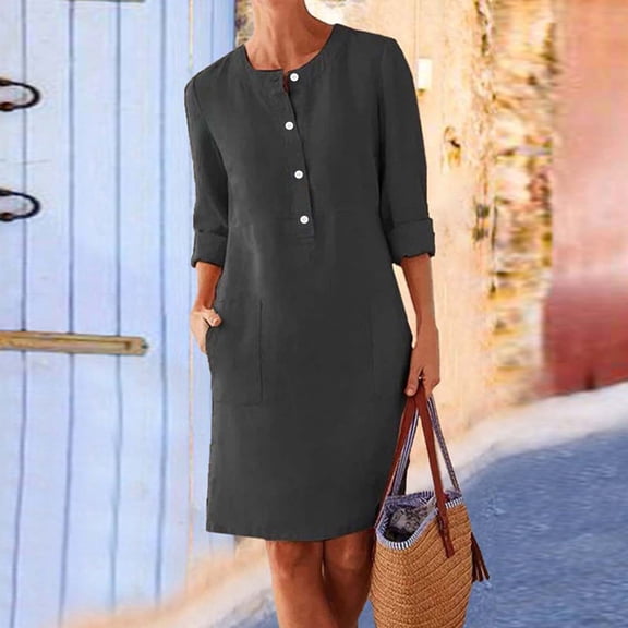 Xuniizn Long Sleeve Dress for Women, Plus Size Solid Color Knee Length Button Crew Neck Dress with Pockets, Soft Comfortable Casual Dress
