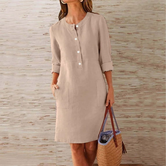 Xuniizn Long Sleeve Dress for Women, Plus Size Solid Color Knee Length Button Crew Neck Dress with Pockets, Soft Comfortable Casual Dress