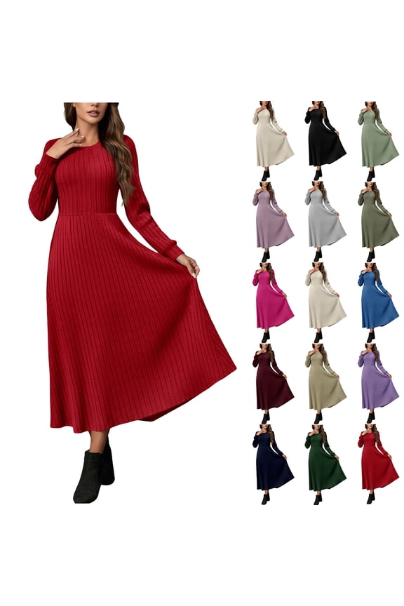Long Sleeve Dresses for Women Solid Crewneck Casual Slim Maxi Winter Dress Stretchy Soft Comfortable Rib Knitted Workwear Dress, S-2XL