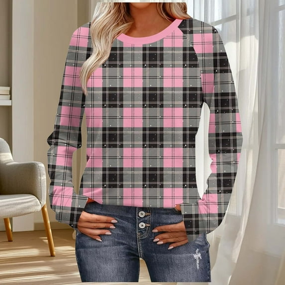 Xuniizn Long Sleeve Shirts for Women, Oversized Casual Plaid Crewneck Color Block Tops, Lightweight Soft Comfortable Versatile Blouses Tops