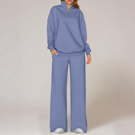 Xuniizn Matching Sets Women Clothing, Long Sleeve Quarter Zip Mockneck Solid Color Sweatshirts Pullover and Straight Wide Leg Pockets Pants, Soft Comfy Thick Thermal Track Suits