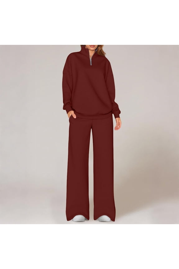 Matching Sets Women Clothing, Long Sleeve Quarter Zip Mockneck Solid Color Sweatshirts Pullover and Straight Wide Leg Pockets Pants, Soft Comfy Thick Thermal Track Suits