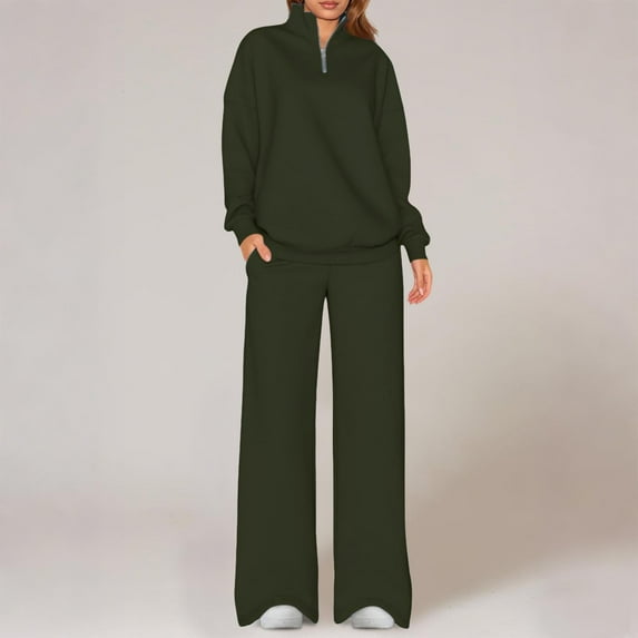 Xuniizn Matching Sets Women Clothing, Long Sleeve Quarter Zip Mockneck Solid Color Sweatshirts Pullover and Straight Wide Leg Pockets Pants, Soft Comfy Thick Thermal Track Suits