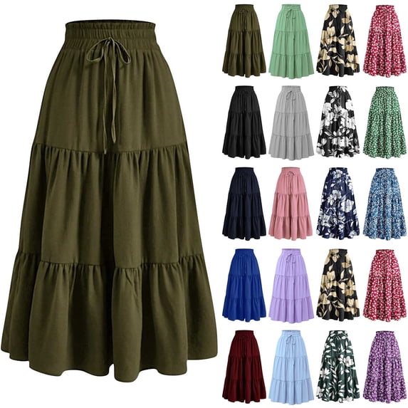 Xuniizn Maxi Skirts for Women Summer High Waisted Ruffle Solid Color Tiered Boho Flowy Long Skirt Stretchy Cute Beach Holiday Green Skirts, S-2XL