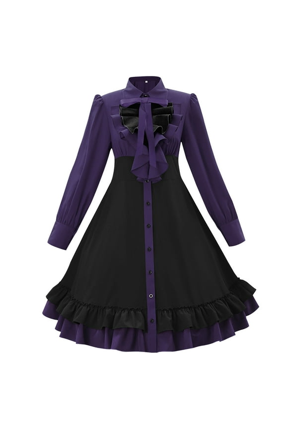 Medieval Dress for Women, Gothic Fake Front Button Long Sleeve Ruffle Dress with Big Bow, Soft Comfortable Vintage Cosplay Dress