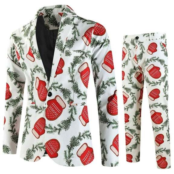 Xuniizn Men Suits 2 Piece Set, Plus Size Christmas Print One Button Shawl Lapel Prom Party Suit Set with Pockets, Soft Comfy Jacket Pants Christmas Costume
