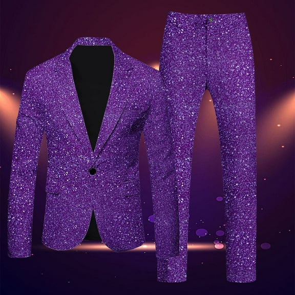Xuniizn Men Suits 2 Piece Set, Purple Shawl Lapel One Button Sequin Slim Prom Party Cocktail Tuxedo with Pockets, Soft Comfy Stylish Jackets Pants Set
