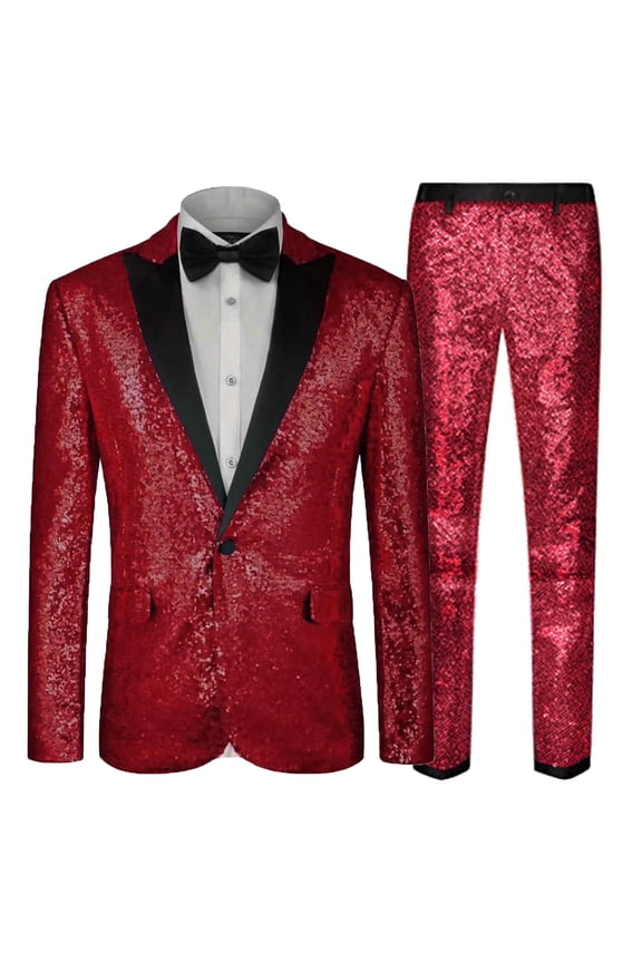 Men Suits 2 Piece Set, Slim Notch Lapel Solid Shiny Sequin One Button Cocktail Party Prom Blazer Pants, Soft Comfortable Elegant Tuxedo Suit Set