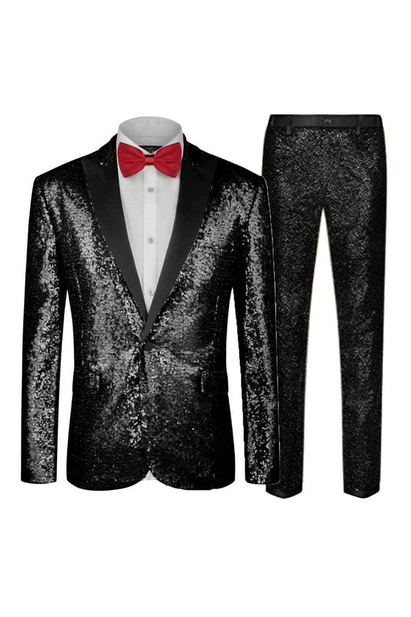 Men Suits 2 Piece Set, Slim Notch Lapel Solid Shiny Sequin One Button Cocktail Party Prom Blazer Pants, Soft Comfortable Elegant Tuxedo Suit Set
