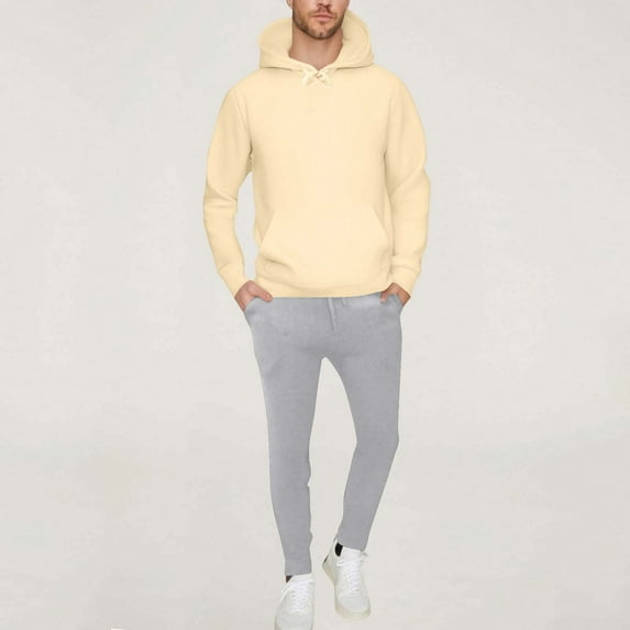 Xuniizn Men Velvet Sweatsuits Sets, Long Sleeve Solid Color Pullover Hoodies and Side Pockets Elastic Drawstring Hiking Athletic Pants, Soft Comfortable Thermal Casual Track Suits, S-3XL