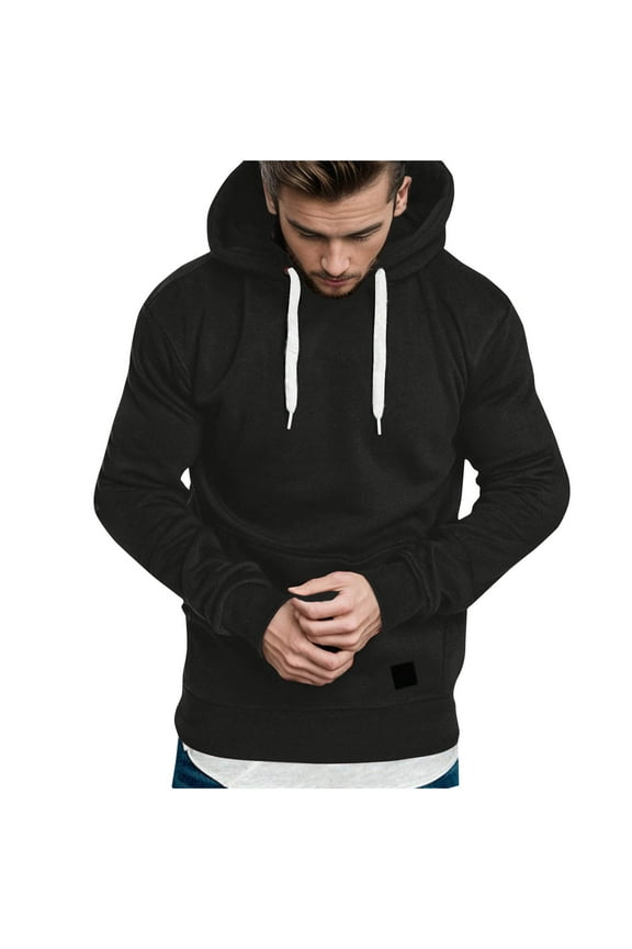 Mens Black Hoodies Pullover, Oversized Solid Color Drawstring Front Pocket Long Sleeve Running Gym Hiking Hoodies, Soft Comfortable Insulated Casual Trendy Streetwear Fall Winter, S-3X
