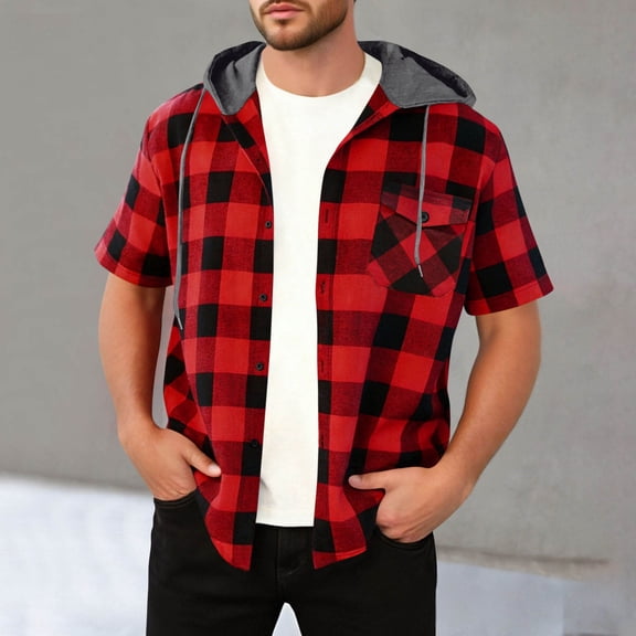 Xuniizn Mens Button Down Shirts Short Sleeve Plaid Flannel Casual Hoodie Shirt with Pocket Plus Size Soft Cozy Holiday Shirts, S-3XL