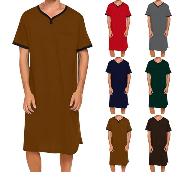 Xuniizn Mens Nightgown Short Sleeve Button V Neck Loose Cozy Long Sleepshirt with Pocket Solid Fashion Nightwear Robe, S-3XL