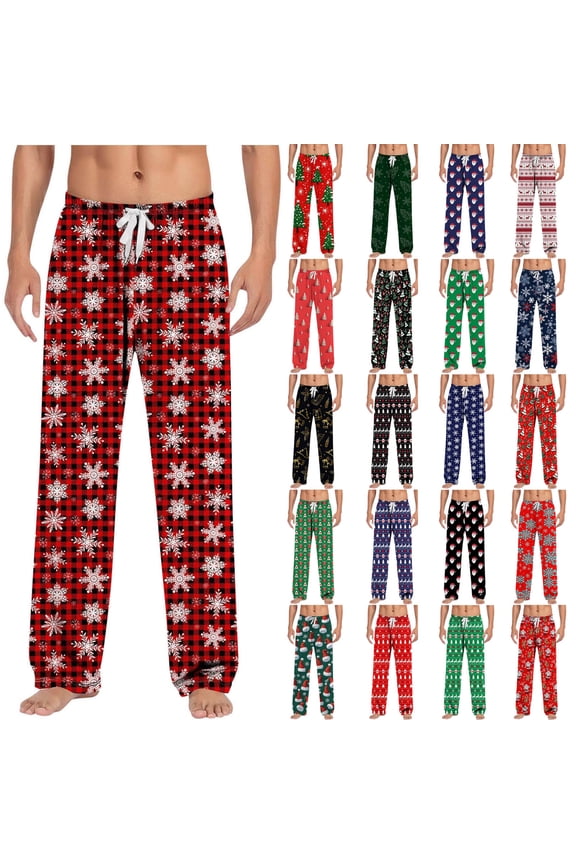 Mens Pajama Pants, Christmas Prints Drawstring Elastic Waist Breathable Casual Loose Pajama Bottoms, Stretchy Soft Cozy Holiday Sleep Pants, S-5XL