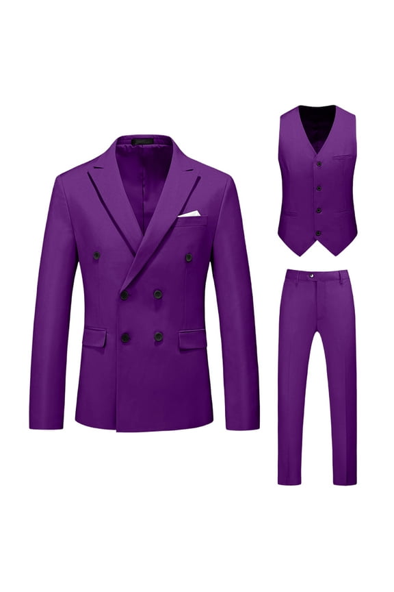 Mens Suits 3 Piece, Plus Size Double Breasted Solid Color Shawl Lapel Business Blazer Waistcoat Pants, Formal Delicate Wedding Cocktail Dinner Party Tuxedo