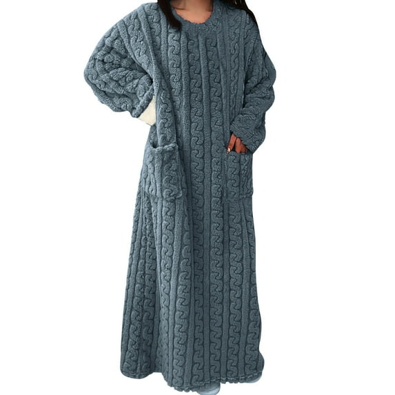 Xuniizn Nightgowns for Women, Oversized Long Sleeves Crew Neck Solid Color Loose Nightwear with Pockets, Long Thick Soft Warm Comfy Casual Winter Sleep Dress