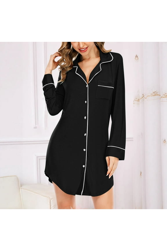 Nightgowns for Women, Oversized V Neck Buttons Long Sleeves Short Length Casual Silk Nightgowns with Pockets, Lightweight Soft Sexy Loose Sleep Dress
