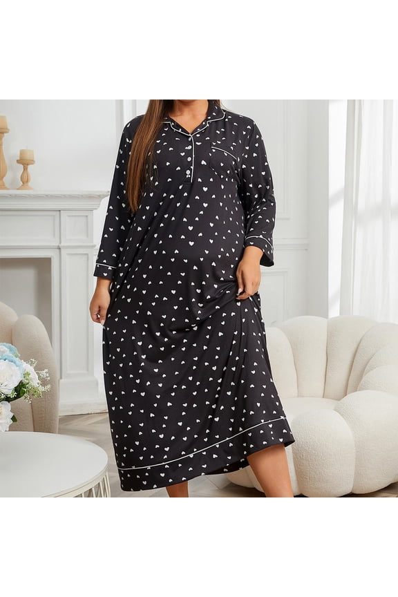 Nightgowns for Women, V Neck Buttons Black Heart Print Long Sleeves Casual Loungewear Pajamas Dress with Pockets, Soft Warm Comfortable Fall Nighgowns