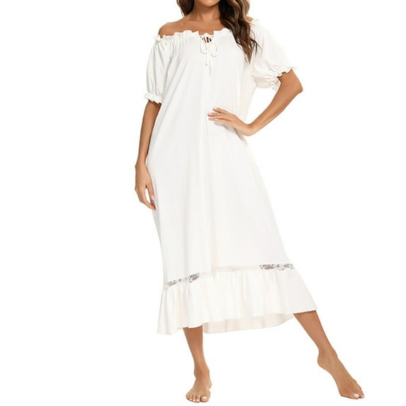 Xuniizn Nightgowns for Women, Elastic Drawstring Crew Neck Solid Color Puff Sleeves Loose Nightgowns, Lightweight Soft Casual Pajamas Dress