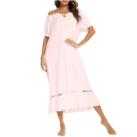 Xuniizn Nightgowns for Women, Elastic Drawstring Crew Neck Solid Color Puff Sleeves Loose Nightgowns, Lightweight Soft Casual Pajamas Dress