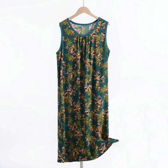 Xuniizn Nightgowns for Women, Plus Size Floral Print Crew Neck Sleeveless Loose Sleep Dress, Thin Soft Comfortable Breathable Casual Nightgowns