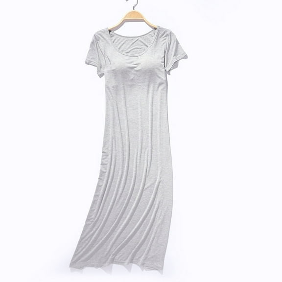 Xuniizn Nightgowns for Women, Plus Size Short Sleeves Solid Color Long Sleepwear with Pad, Thin Soft Comfy Casual Sleep Dress
