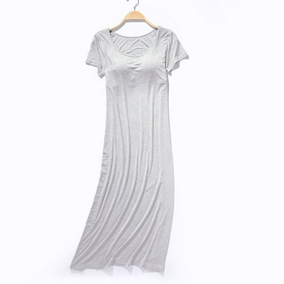 Xuniizn Nightgowns for Women, Plus Size Short Sleeves Solid Color Long Sleepwear with Pad, Thin Soft Comfy Casual Sleep Dress