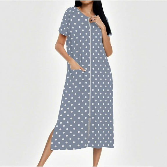 Xuniizn Nightgowns for Women, Plus Size Zipper Round Neck Polka Print Long Loungewear Nightgowns, Thin Soft Breathable Casual Relaxed Nightgowns